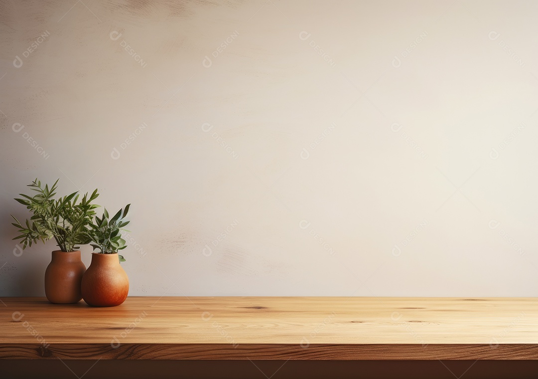 Maquete vazio em uma mesa de madeira contra plantas em uma panela, sala de estar de madeira mínima como pano de fundo.