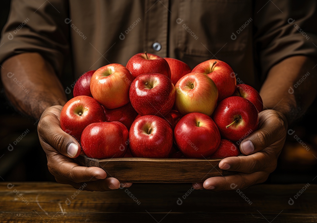 Mãos de pessoa segurando caixa de madeira com verduras