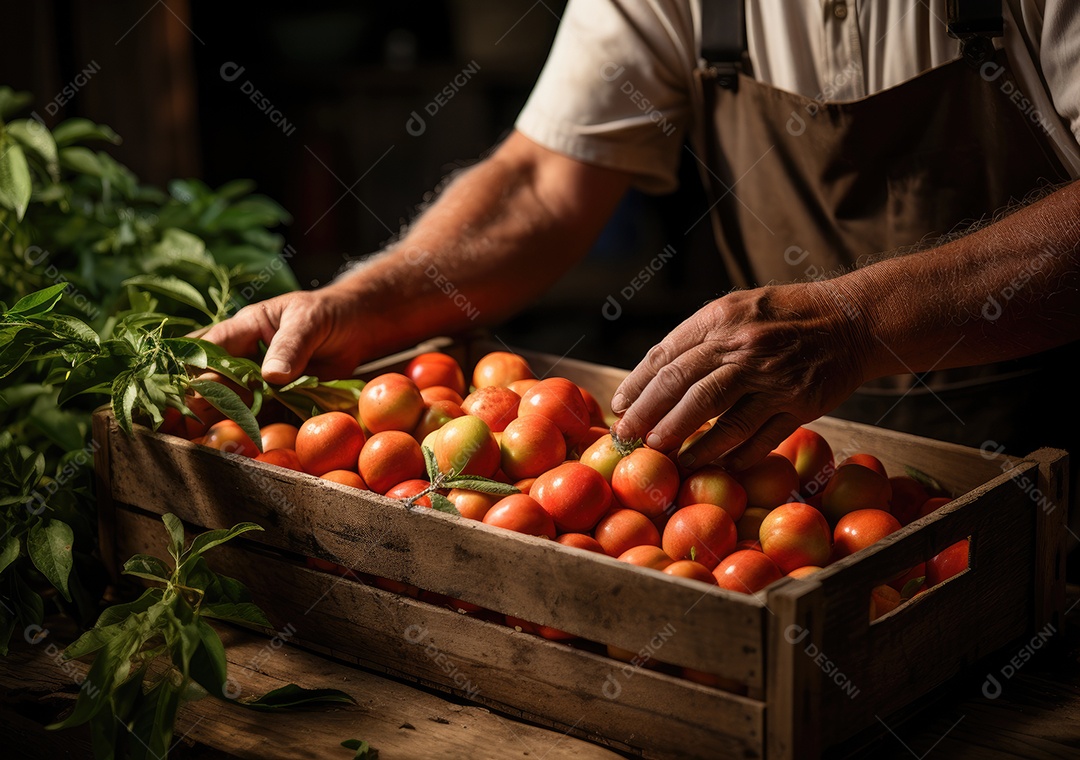 Mãos de pessoa segurando caixa de madeira com verduras