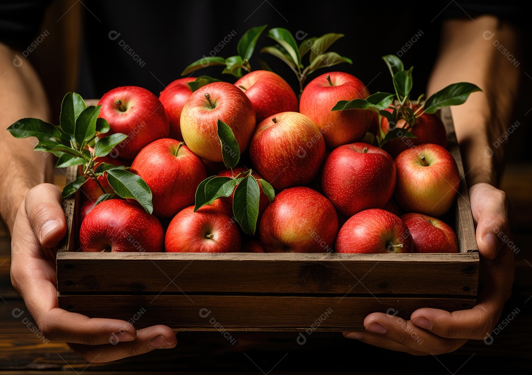 Mãos de pessoa segurando caixa de madeira com verduras