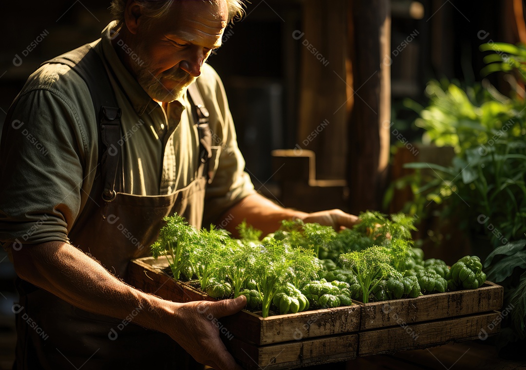 Mãos de pessoa segurando caixa de madeira com verduras