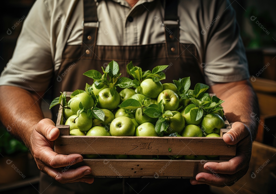 Mãos de pessoa segurando caixa de madeira com verduras