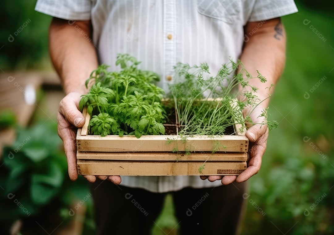 Mãos de pessoa segurando caixa de madeira com verduras