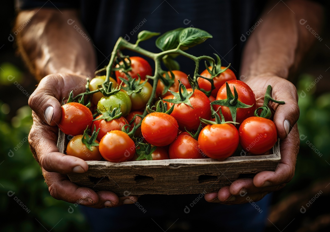 Mãos de pessoa segurando caixa de madeira com verduras