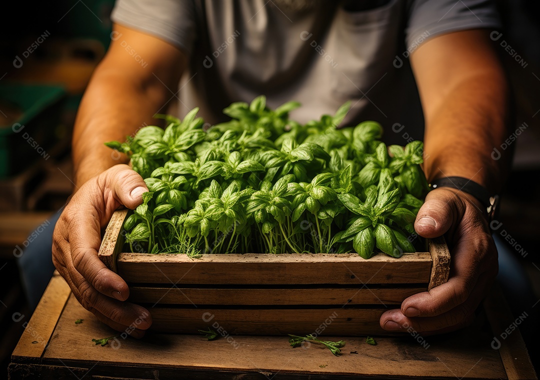 Mãos de pessoa segurando caixa de madeira com verduras