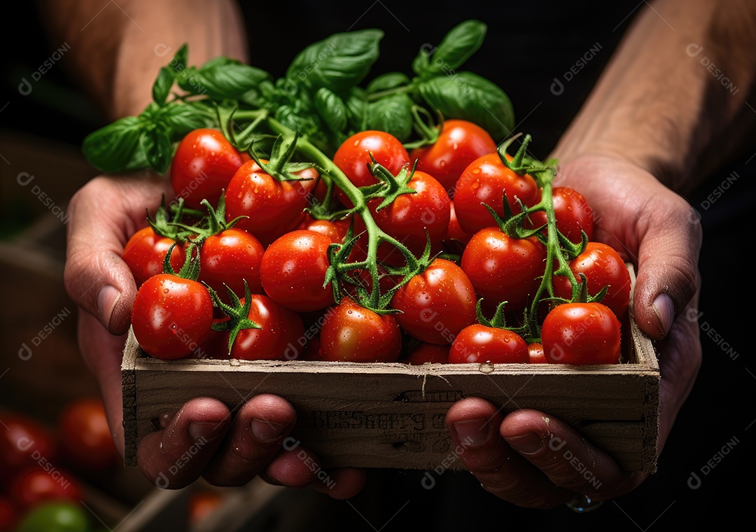 Mãos de pessoa segurando caixa de madeira com verduras