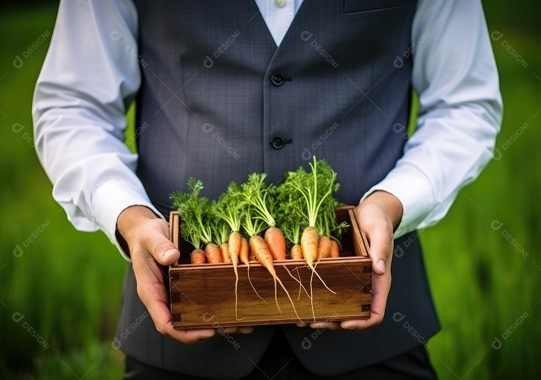 Mãos de pessoa segurando caixa de madeira com verduras