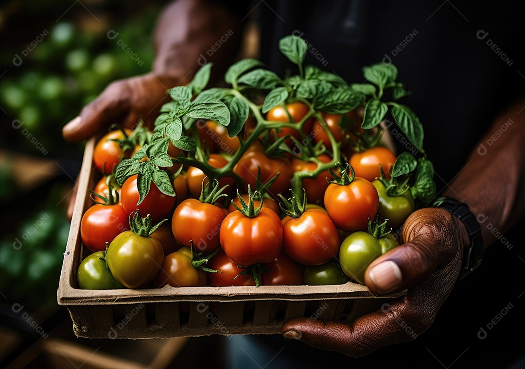 Mãos de pessoa segurando caixa de madeira com verduras