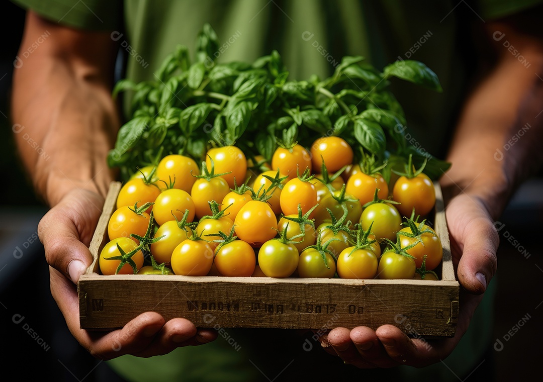 Mãos de pessoa segurando caixa de madeira com verduras