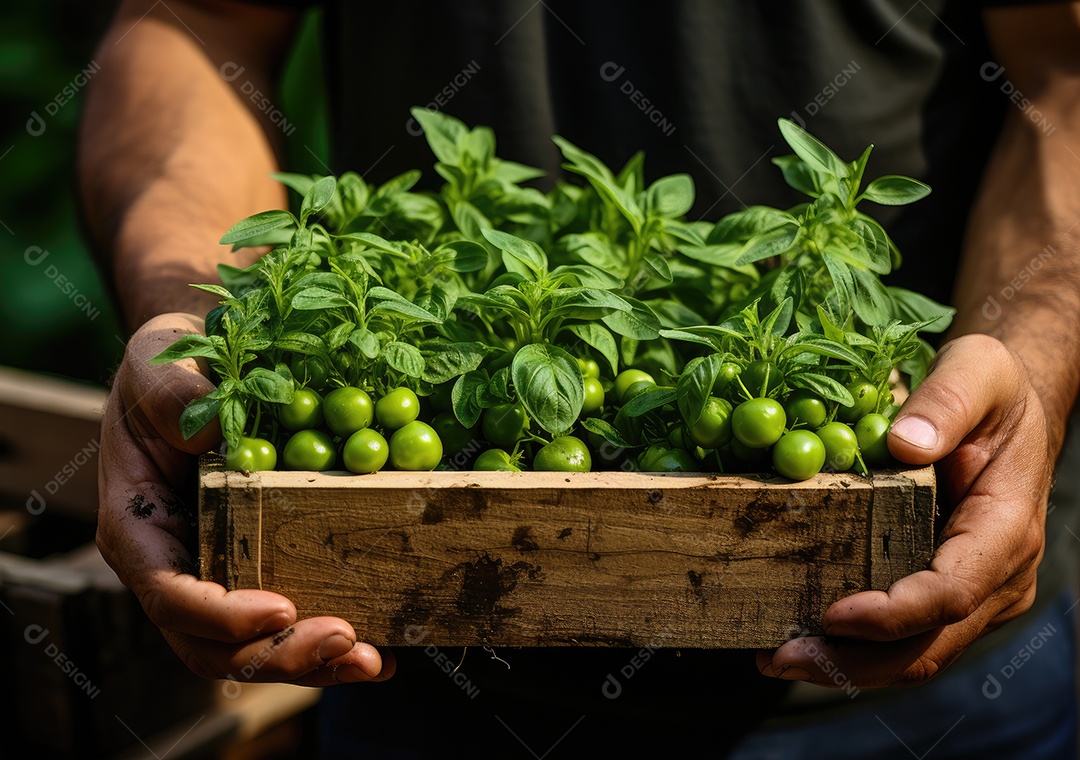 Mãos de pessoa segurando caixa de madeira com verduras