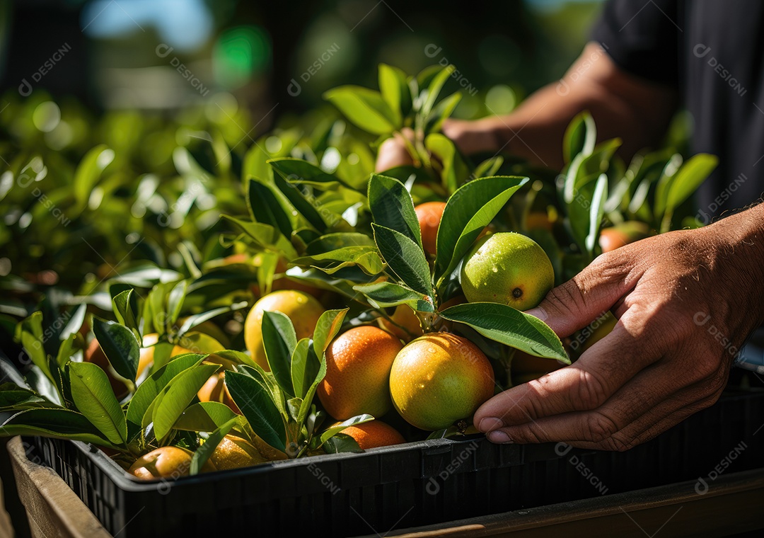 Mãos de pessoa segurando caixa de madeira com verduras