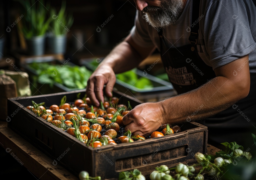 Mãos de pessoa segurando caixa de madeira com verduras