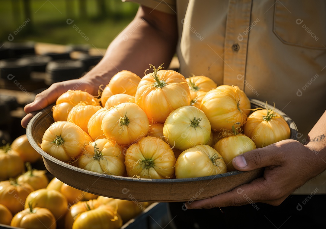 Mãos de pessoa segurando caixa de madeira com verduras