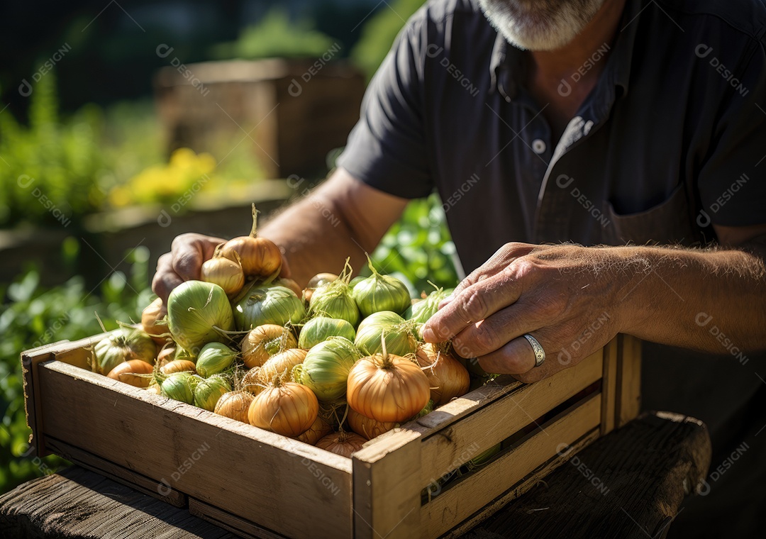 Mãos de pessoa segurando caixa de madeira com verduras