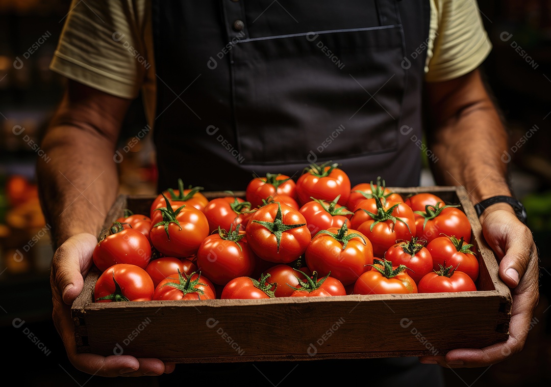 Mãos de pessoa segurando caixa de madeira com verduras