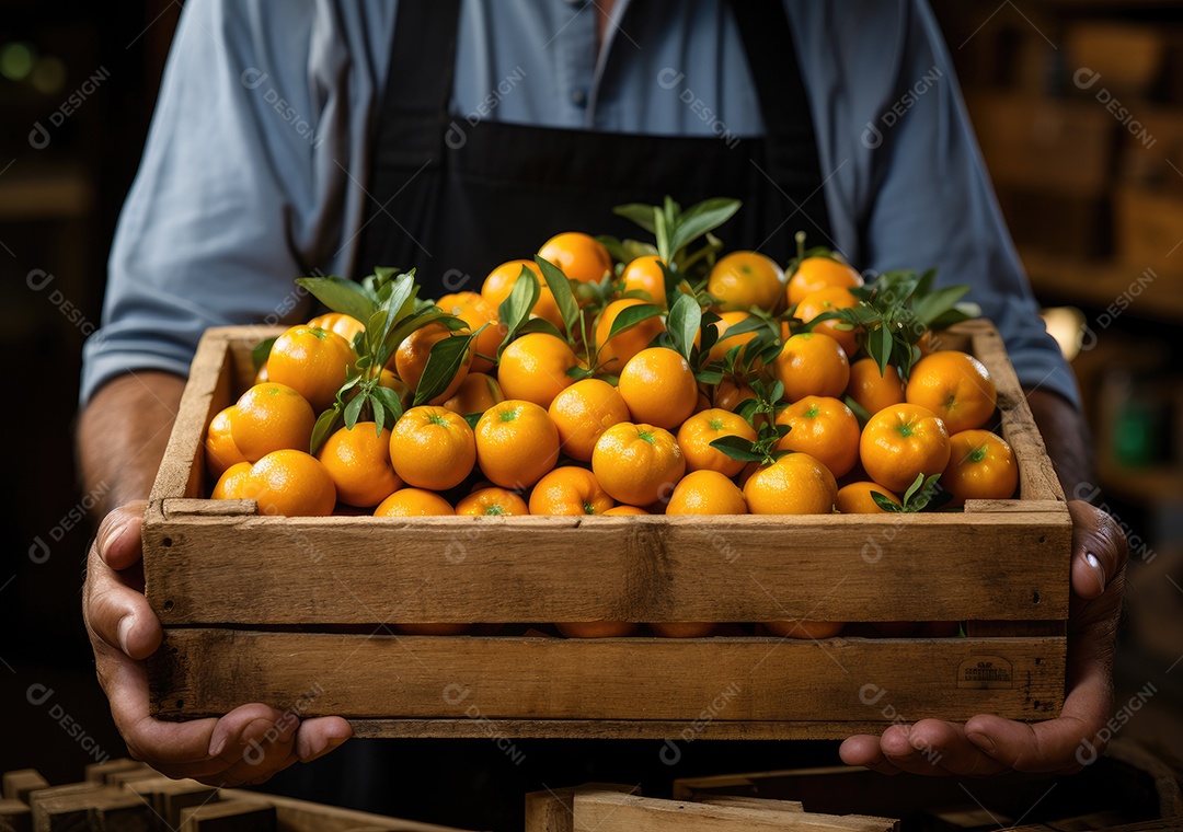 Mãos de pessoa segurando caixa de madeira com verduras