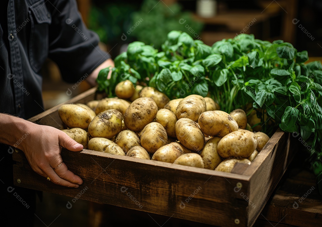 Mãos de pessoa segurando caixa de madeira com verduras