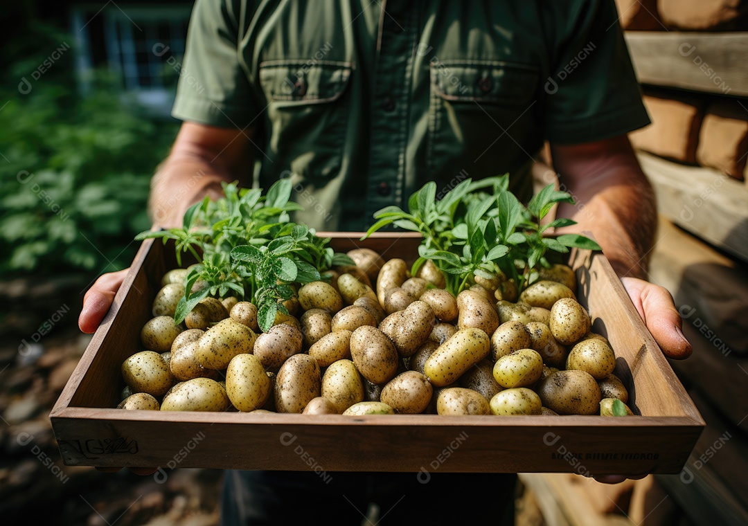 Mãos de pessoa segurando caixa de madeira com verduras