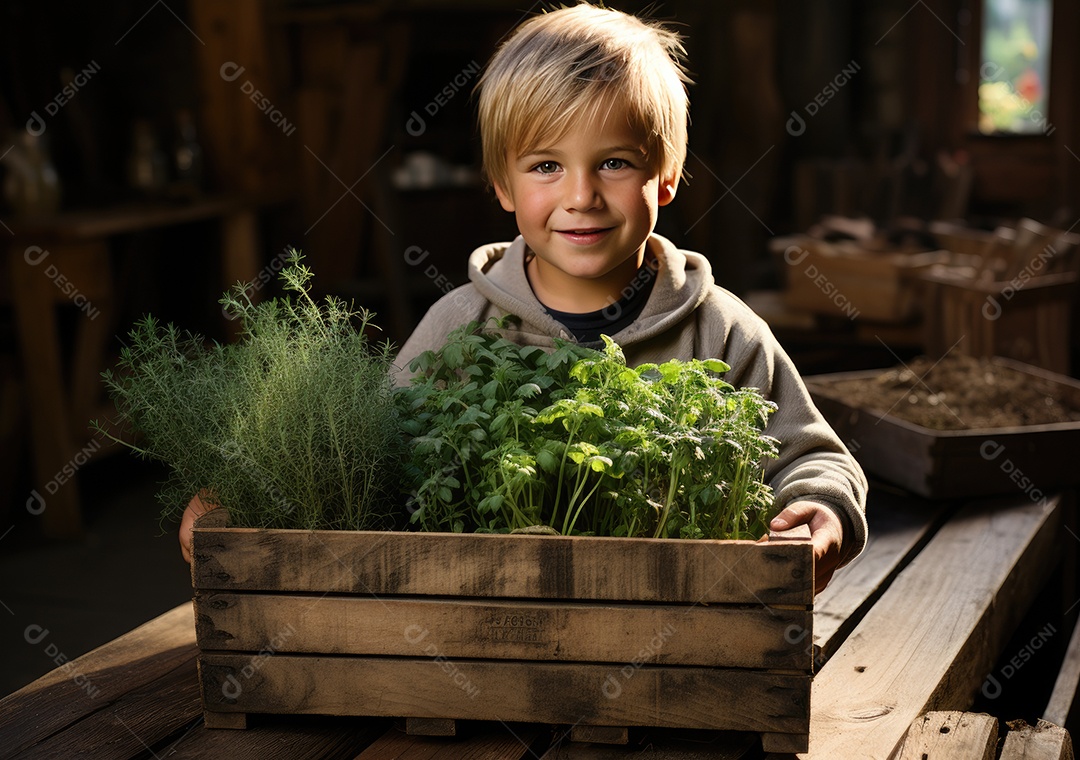 Mãos de pessoa segurando caixa de madeira com verduras