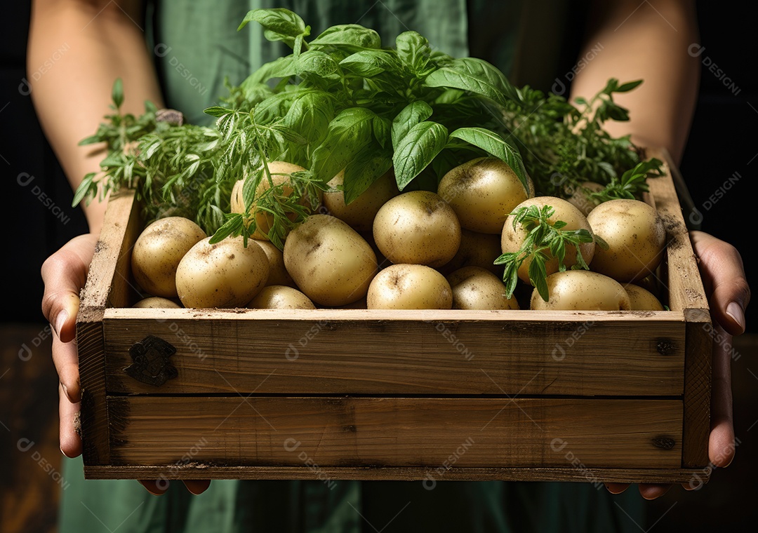 Mãos de pessoa segurando caixa de madeira com verduras