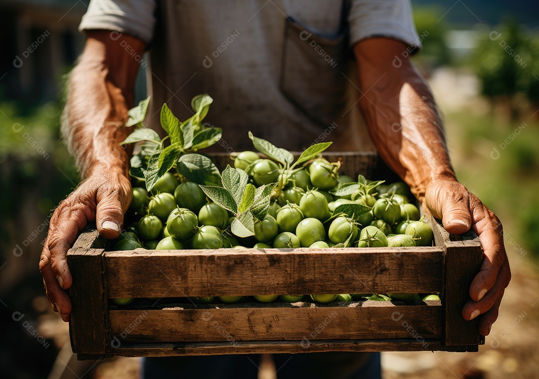 Mãos de pessoa segurando caixa de madeira com verduras