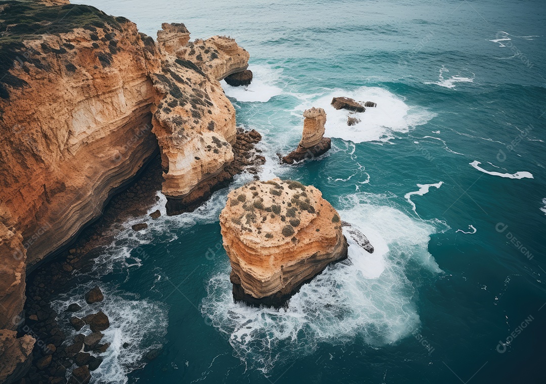 Vista aérea do litoral rochoso. Ondas batendo nas rochas. Vista aérea do mar, mar cinematográfico e vista para a montanha.