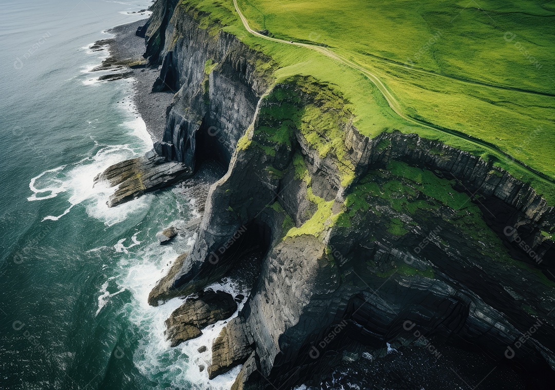 Vista aérea do litoral rochoso. Ondas batendo nas rochas. Vista aérea do mar, mar cinematográfico e vista para a montanha.
