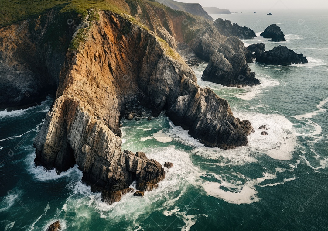 Vista aérea do litoral rochoso. Ondas batendo nas rochas. Vista aérea do mar, mar cinematográfico e vista para a montanha.