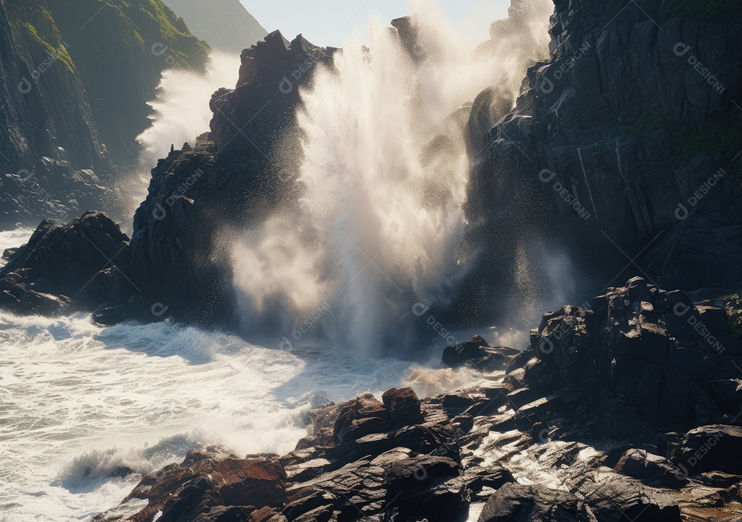 Vista aérea do litoral rochoso. Ondas batendo nas rochas. Vista aérea do mar, mar cinematográfico e vista para a montanha.