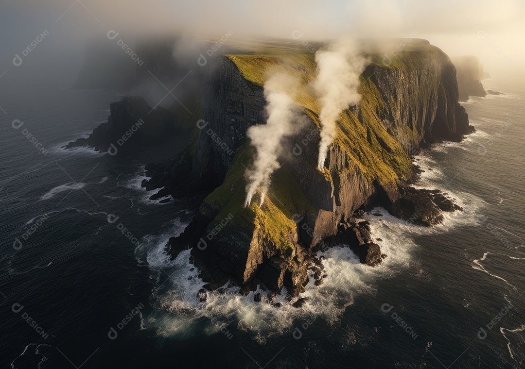 Vista aérea do litoral rochoso. Ondas batendo nas rochas. Vista aérea do mar, mar cinematográfico e vista para a montanha.