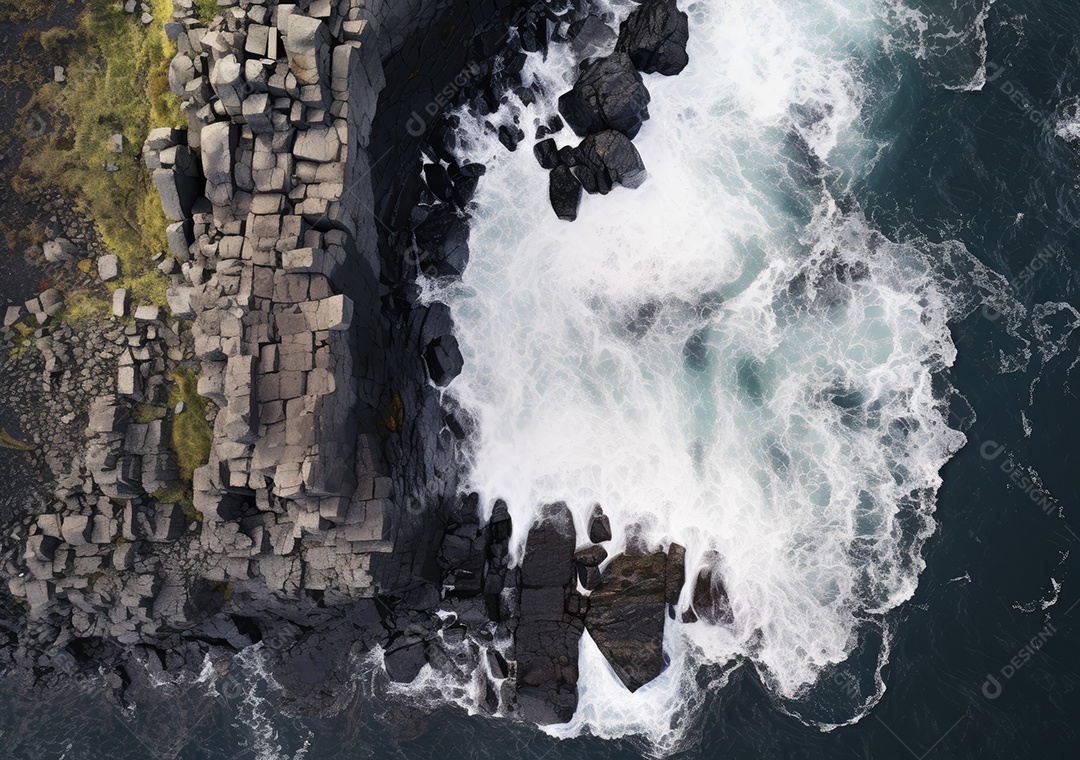 Vista aérea do litoral rochoso. Ondas batendo nas rochas. Vista aérea do mar, mar cinematográfico e vista para a montanha.