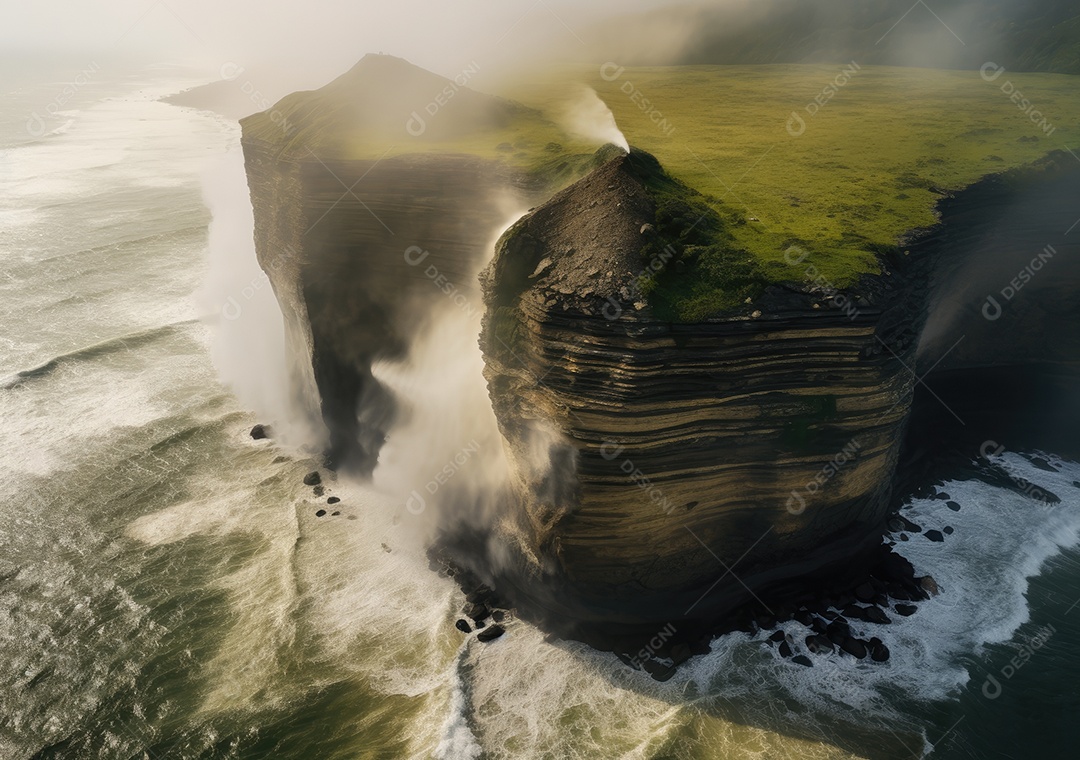 Vista aérea do litoral rochoso. Ondas batendo nas rochas. Vista aérea do mar, mar cinematográfico e vista para a montanha.