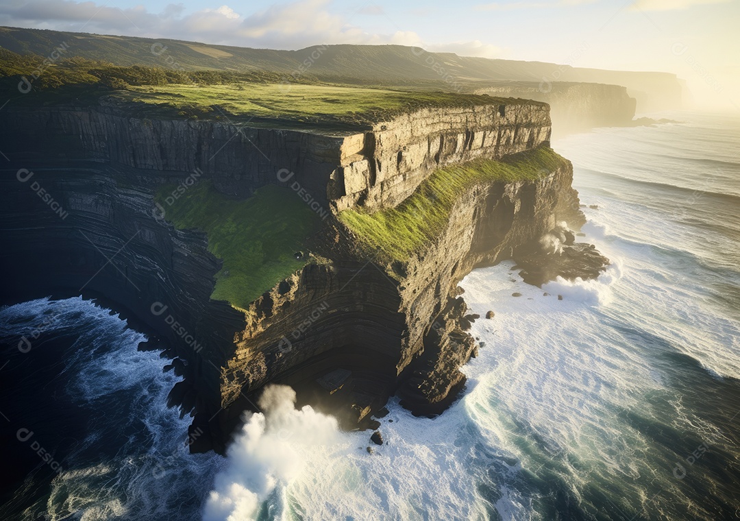 Vista aérea do litoral rochoso. Ondas batendo nas rochas. Vista aérea do mar, mar cinematográfico e vista para a montanha.