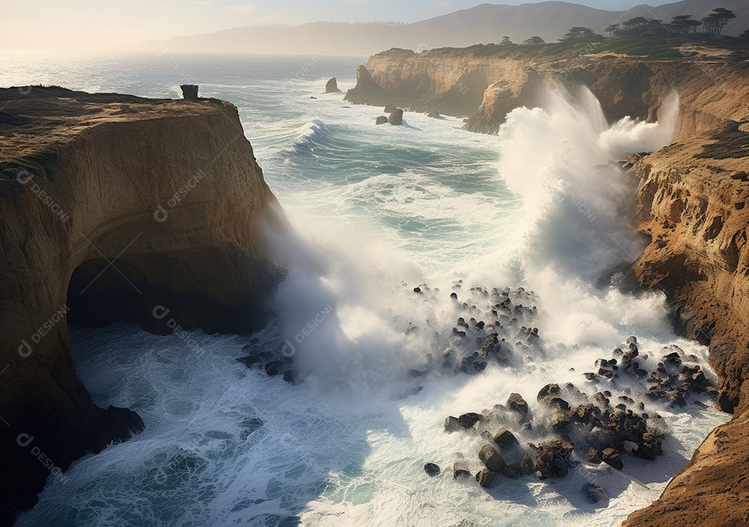 Vista aérea do litoral rochoso. Ondas batendo nas rochas. Vista aérea do mar, mar cinematográfico e vista para a montanha.