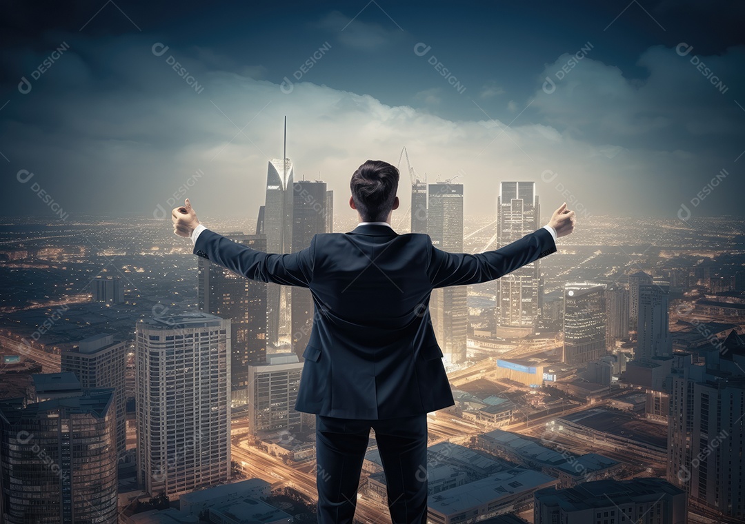 Conceito de negócio e sucesso, jovem homem de negócios bem sucedido com fundo de cidade. ansioso pela construção da cidade.