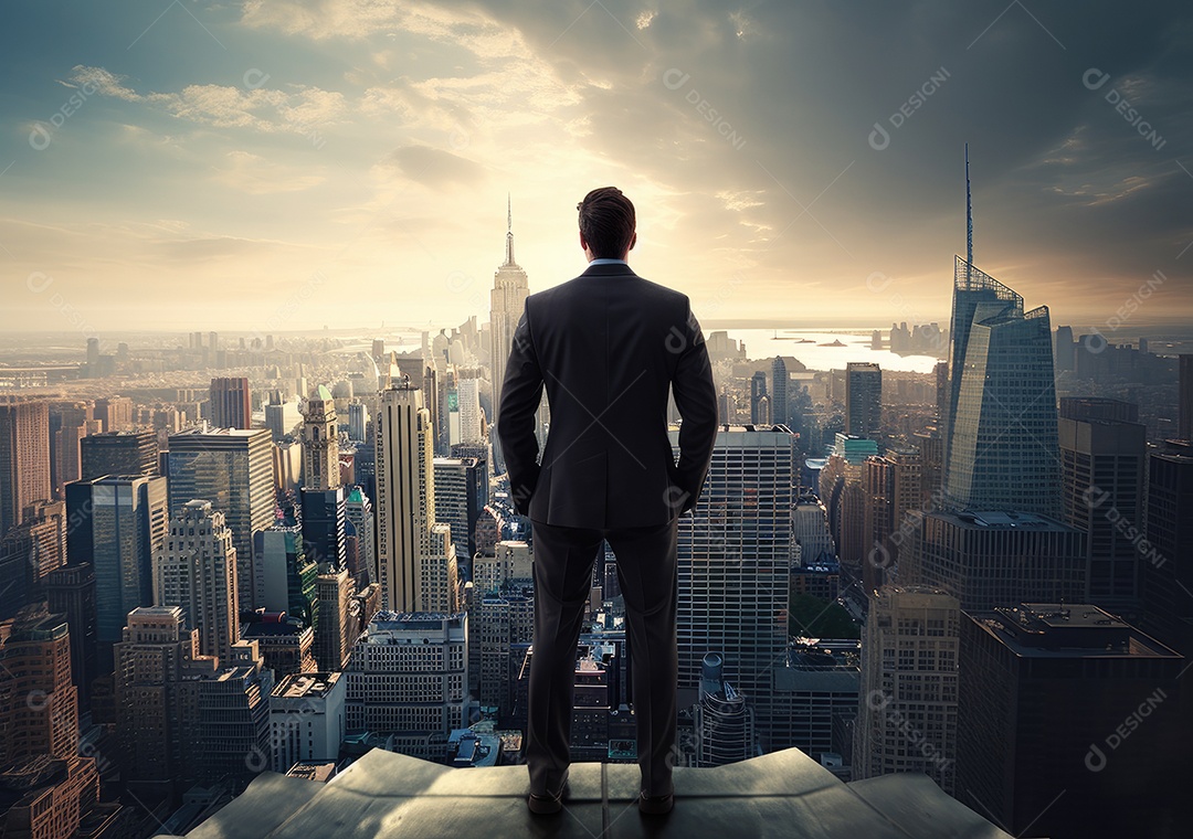 Conceito de negócio e sucesso, jovem homem de negócios bem sucedido com fundo de cidade. ansioso pela construção da cidade.