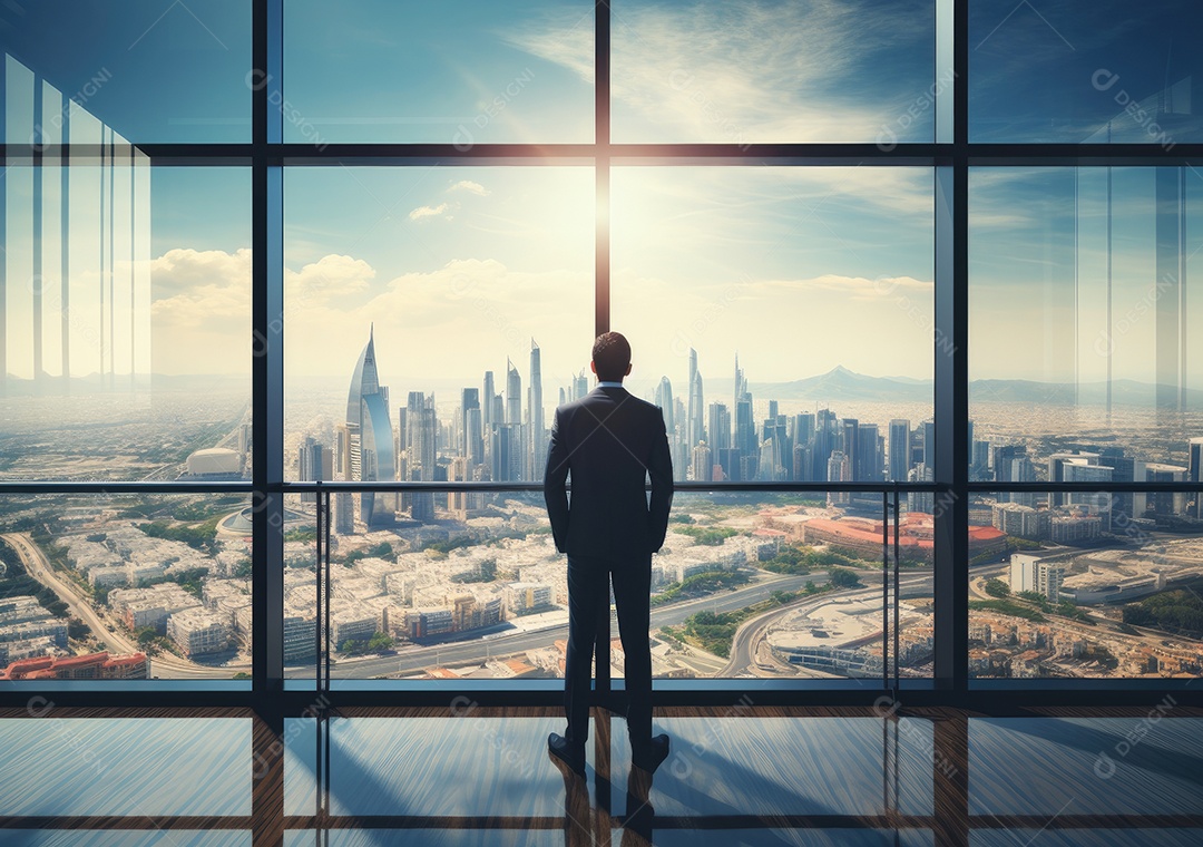 Conceito de negócio e sucesso, jovem homem de negócios bem sucedido com fundo de cidade. ansioso pela construção da cidade.