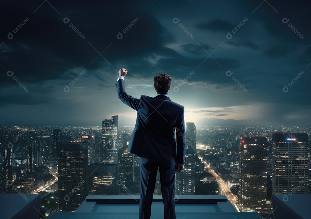 Conceito de negócio e sucesso, jovem homem de negócios bem sucedido com fundo de cidade. ansioso pela construção da cidade.