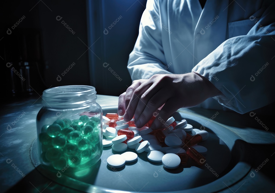 Médico colocando comprimidos em frascos para os pacientes. IA generativa.