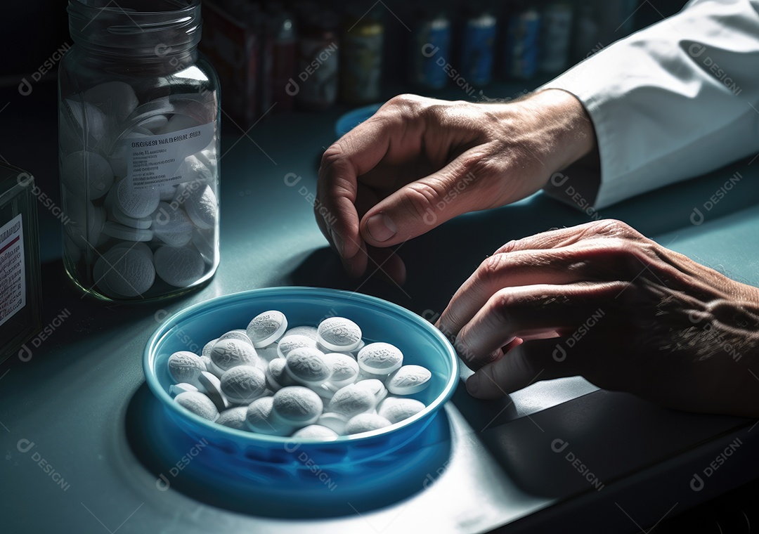 Médico colocando comprimidos em frascos para os pacientes. IA generativa.