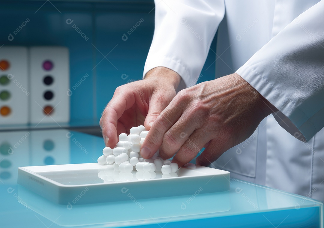 Médico colocando comprimidos em frascos para os pacientes. IA generativa.