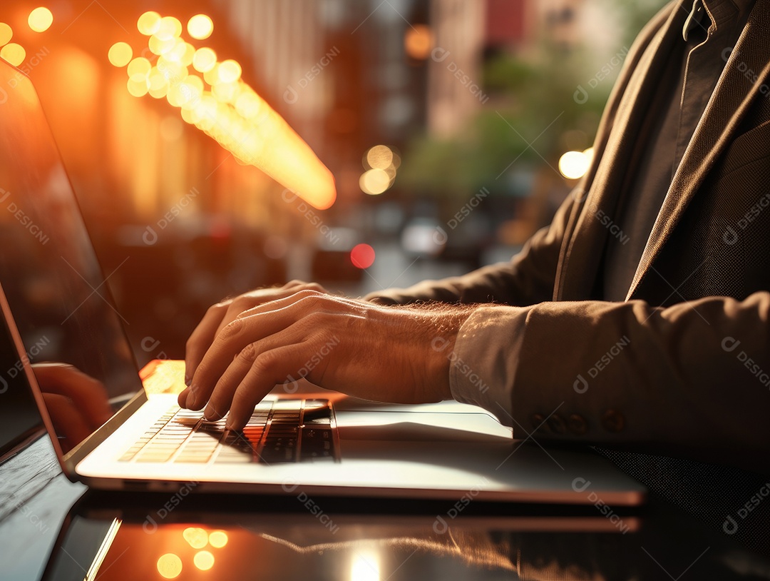 Mão do empresário usando laptop, sem porta café, refrigeração, conceito de tecnologia.