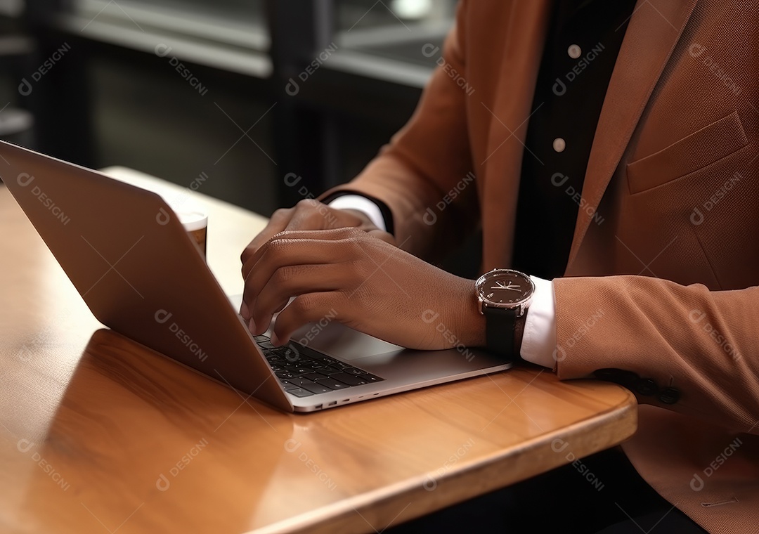 Mão do empresário usando laptop, sem porta café, refrigeração, conceito de tecnologia.