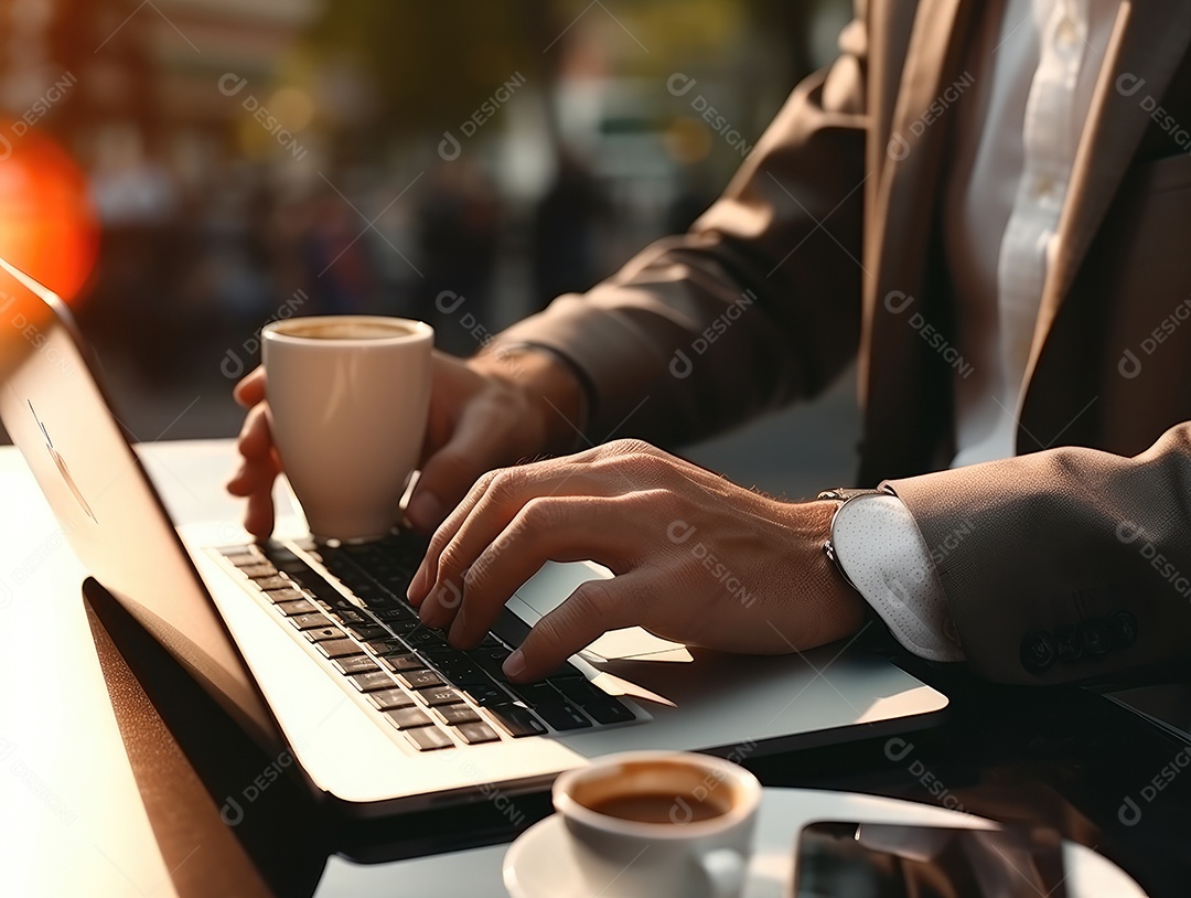 Mão do empresário usando laptop, sem porta café, refrigeração, conceito de tecnologia.
