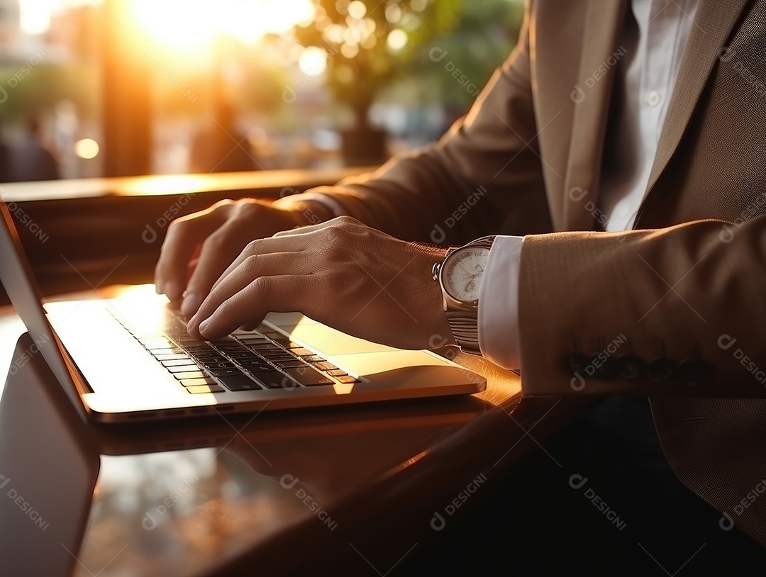 Mão do empresário usando laptop, sem porta café, refrigeração, conceito de tecnologia.