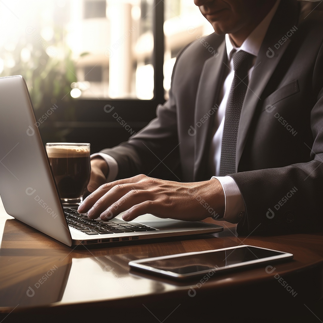 Mão do empresário usando laptop, sem porta café, refrigeração, conceito de tecnologia.