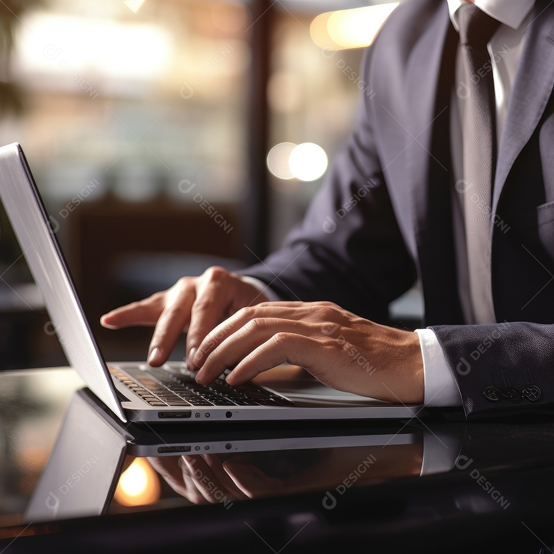 Mão do empresário usando laptop, sem porta café, refrigeração, conceito de tecnologia.