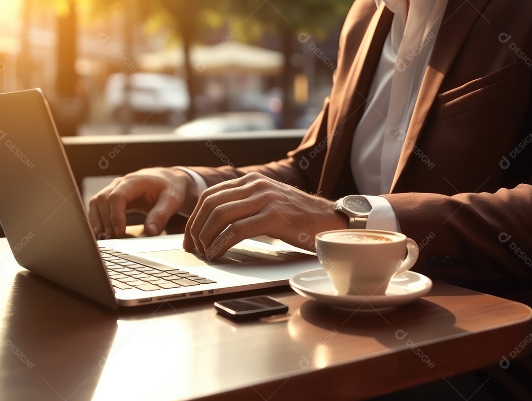 Mão do empresário usando laptop, sem porta café, refrigeração, conceito de tecnologia.