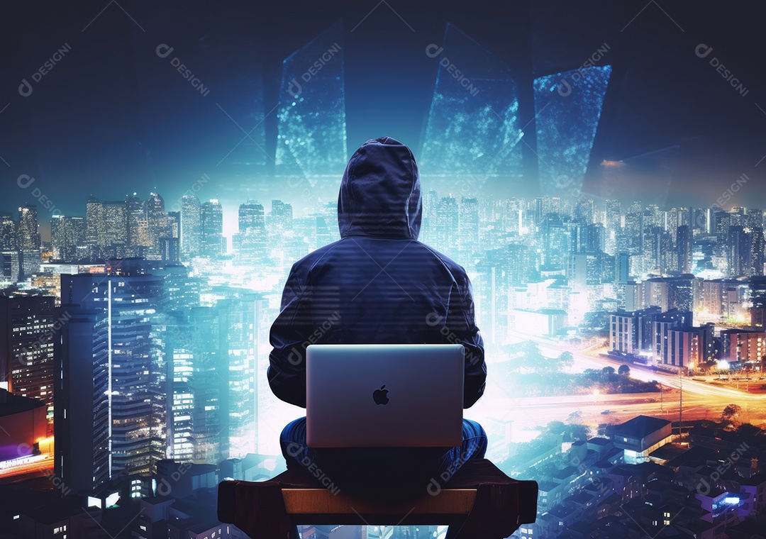 Homem hacker com máscara anônima usando laptop para hackear no prédio superior.