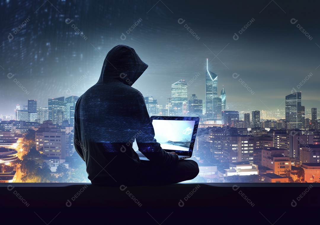 Homem hacker com máscara anônima usando laptop para hackear no prédio superior.